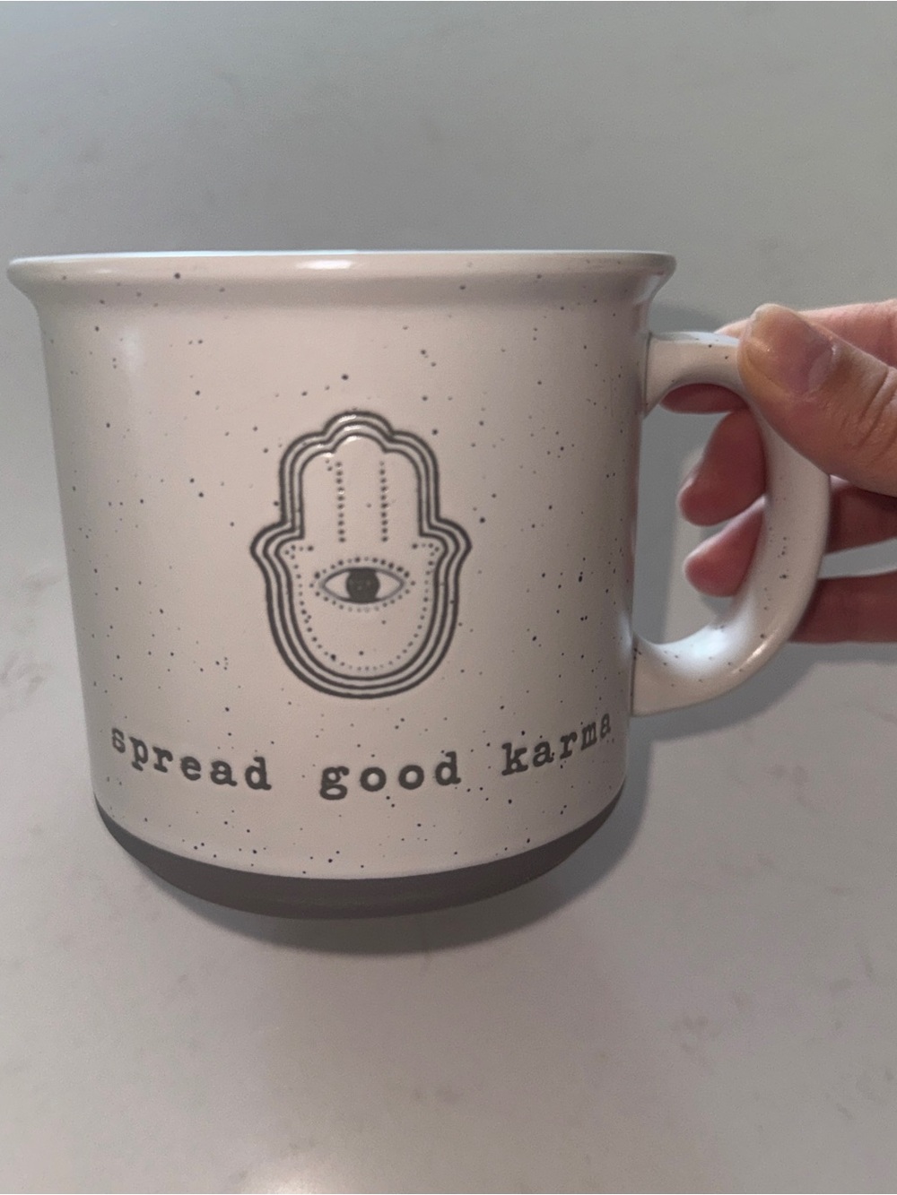 Speckled White 'Spread Good Karma' Ceramic Mug